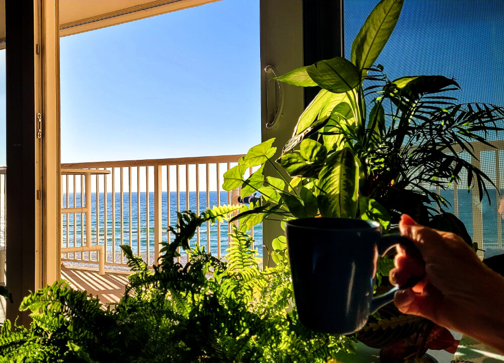Sitting with coffee cup looking out condo window at beach